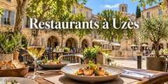 Illustration d'une table de restaurant dans une ambiance élégante de ville méridionale pour Uzès