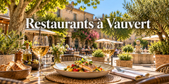 Illustration d'une table ensoleillée avec plat et verres pour les restaurants à Vauvert